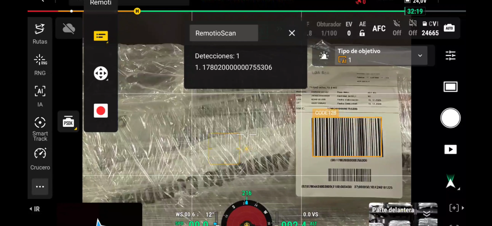 visualización de código de barras en interfaz de drone